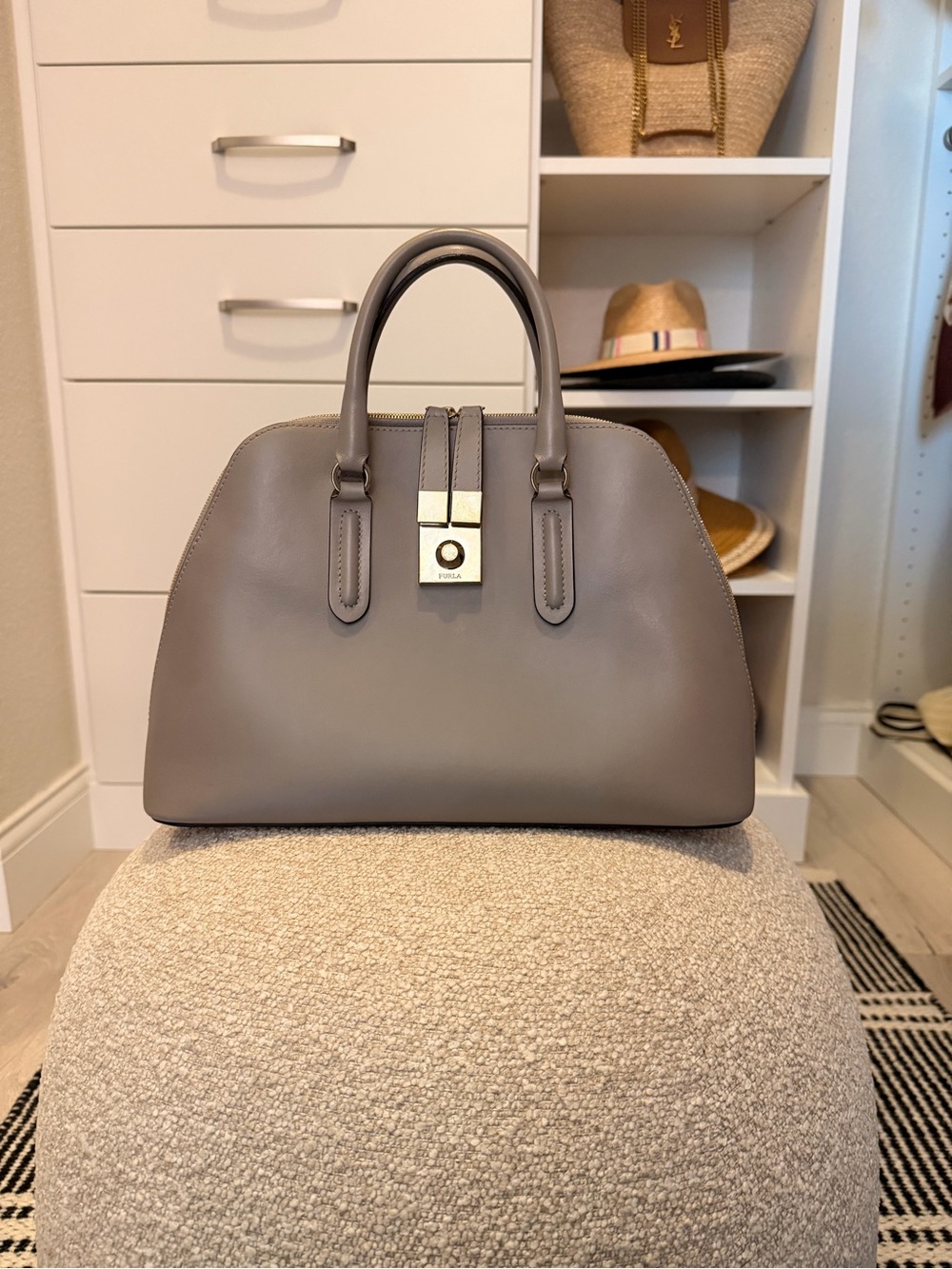 Furla Gray Dome Satchel with Gold Hardware